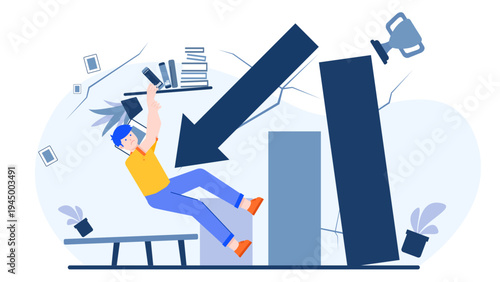 Man falling down along with declining bar charts and falling trophy