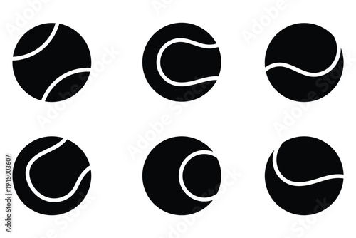 Tennis balls collection. Tennis ball silhouettes featuring various white seam patterns and curved line designs.  Vector illustration.