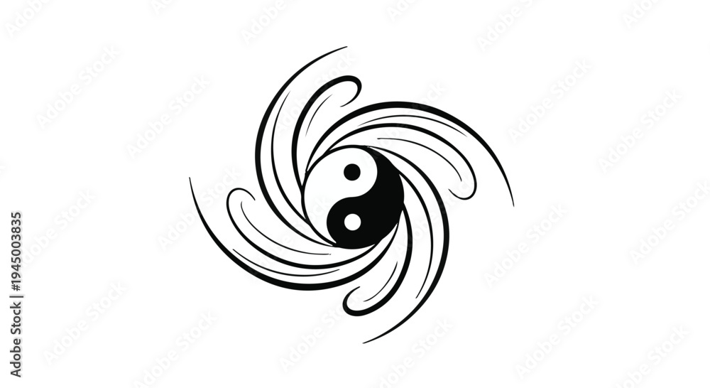 Fototapeta premium Yin Yang symbol with swirling abstract elements representing balance and harmony.