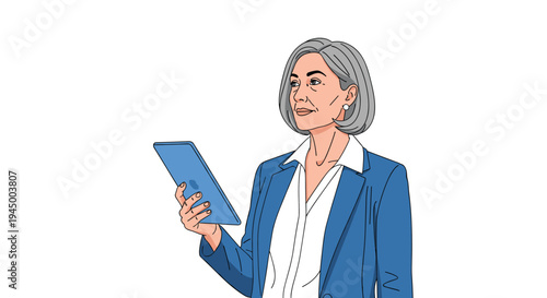An older woman with grey hair in a blue blazer holds a blue tablet and looks thoughtfully upwards against a plain white background.