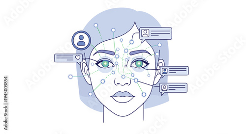 A stylized illustration shows a woman's face with glowing eyes, surrounded by a network of dots, lines, and social media icons.