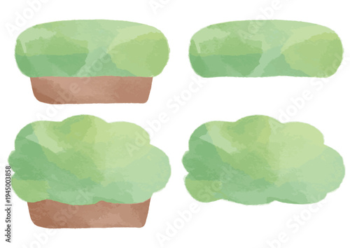 やさしい水彩風の生垣と低木のイラストセット｜植物 緑 庭 ガーデン ランドスケープ ナチュラル