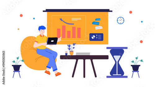 Professional working with laptop in a flexible and comfortable office