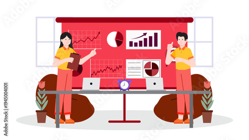 Financial analysts discussing investment portfolio and market data