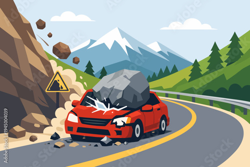 Red car crushed by a massive rockfall on a winding mountain road, landslide disaster scene with falling stones and warning sign, flat vector illustration for insurance and safety concepts.