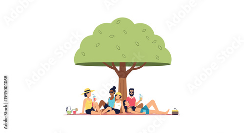 A diverse group of six friends is seen picnicking and relaxing on the grass beneath a large, shading tree.