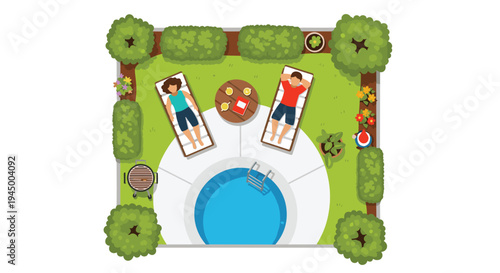 An aerial view captures two individuals unwinding on sun loungers next to a circular pool within a landscaped garden.