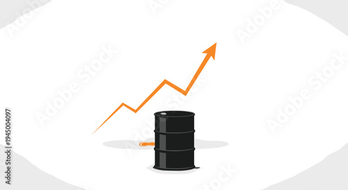 A black oil barrel stands on a subtle gray shadow, with a prominent orange arrow ascending behind it.