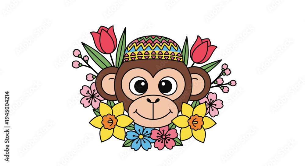 Naklejka premium Charming Monkey Illustration with Floral Accents and Decorative Hat.