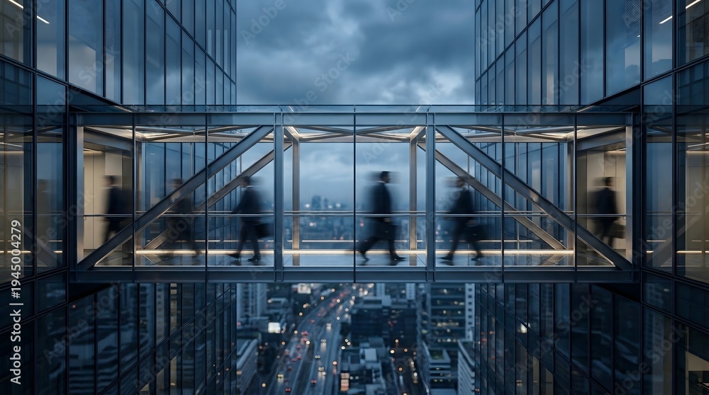 Fototapeta premium Blurred Business People Walking on Modern Glass Corporate Skywalk