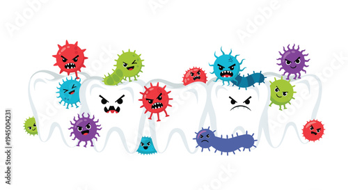 Three cartoonish white teeth with angry expressions are attacked by colorful, menacing bacteria and virus characters.