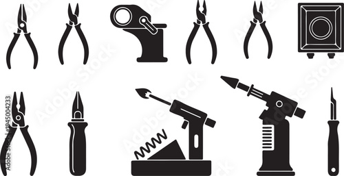 A collection of five vintage hand tools, illustrated in a scratchboard style on a white background, including an axe, splitting maul, ice tongs, crowbar, and hammer.