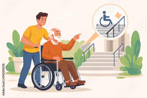 Young man pushing elderly father in wheelchair looking at stairs without ramp, concept of accessibility barriers for disabled people, social inclusion, care for seniors, flat vector illustration.