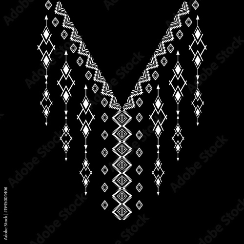 Obraz na plátně Black and white ethnic geometric neckline pattern with tribal ornaments and traditional embroidery style