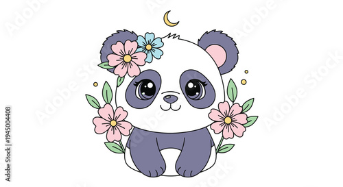 Charming Panda Cub Surrounded by Delicate Floral Accents.