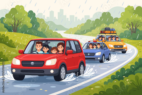 Happy families driving on a wet road in the rain, colorful cars traveling on a winding highway through a green landscape with a city skyline, flat vector illustration of a rainy day road trip.