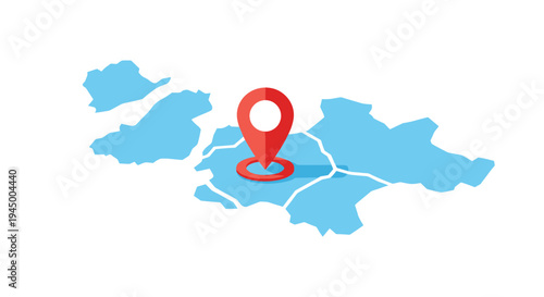 A stylized light blue map of a geographical region is marked with a prominent red 3D location pin on a plain white background.
