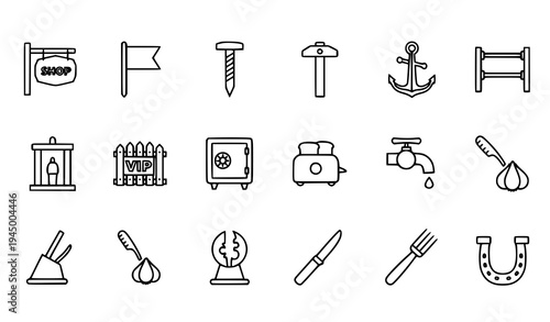Utility thin line icon collection shop construction kitchen anchor household symbols