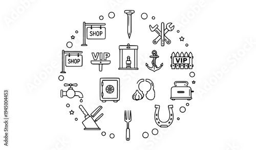Mixed thin line icon pack shop kitchen construction anchor household symbols vector set