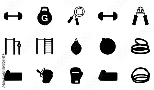 Fitness solid vector icon pack gym equipment barbell weight jump rope boxing symbols