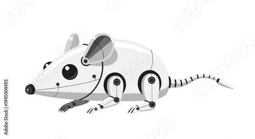 A grey and white robotic mouse with visible joints and black eyes is depicted in a side profile against a plain white background.