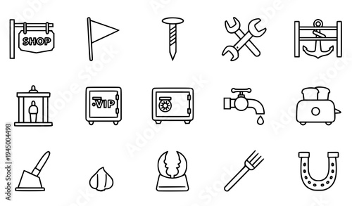 Miscellaneous thin line icon set shop tools kitchen anchor construction symbols