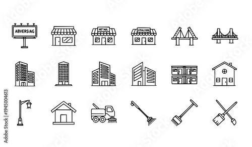City architecture outline icon collection shop bridge skyscraper urban service symbols