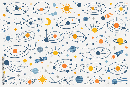 Seamless Pattern of Mathematical Formulas and Physics Diagrams Explaining Space Orbits, Stars, and Planets; Hand-drawn Flat Vector Illustration of Astronomy, Satellites, and Cosmic Motion.