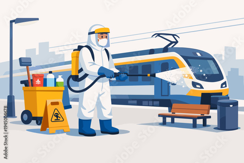 Professional worker in protective hazmat suit disinfecting an electric train and station platform with a chemical sprayer. Sanitization and deep cleaning service for public transport safety.