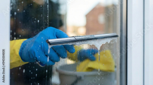 A person is cleaning a window with a squeegee
