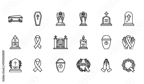 Funeral line icon set burial coffin grave cemetery outline symbols vector collection