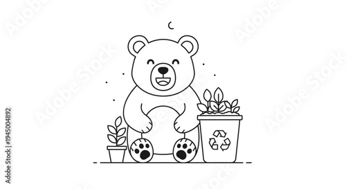 Cute Bear with Recycling Bin and Plants Illustration.