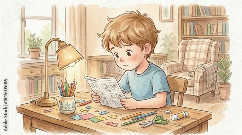 Young boy reading craft instructions at a desk with colorful supplies  