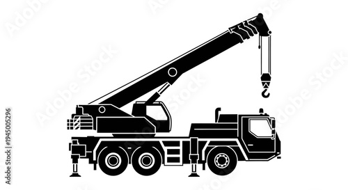 Mobile crane truck icon with extended telescopic boom for lifting