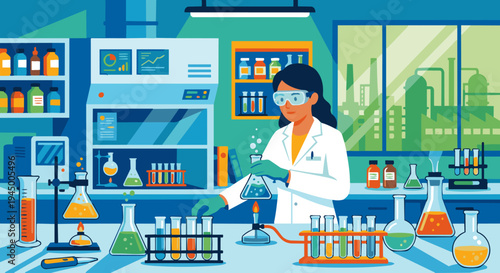 Chemical Engineer Working in Laboratory

Flat vector illustration of a chemical engineer conducting experiments in a laboratory. Test tubes, flasks, and chemical equipment on the lab table. 