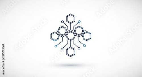Molecular structure with interconnected hexagons and circles on a white background representing chemistry and science concepts
