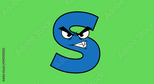 Angry Cartoon Letter S on Green Background