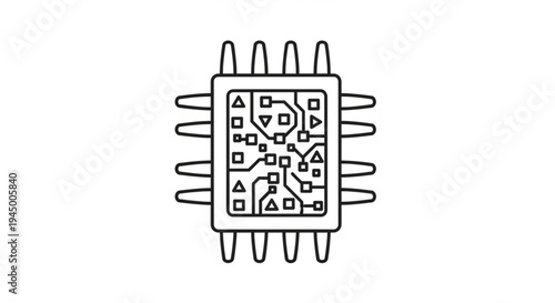 Microchip with intricate circuit design on a white background showcasing electronic components and wiring