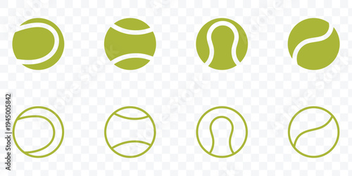 Tennis and padel balls, showcasing both filled and outline styles for sports design. Flat minimal sport elements for tennis branding, stickers, patterns, icons or web design. 