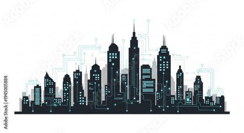 Modern city skyline with sleek skyscrapers and futuristic architecture at dusk urban landscape with illuminated windows and neon lights
