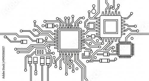 Detailed circuit board illustration with microchips and electronic components on a white background for tech designs