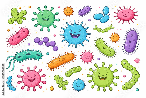 Set of Cute Cartoon Bacteria and Virus Characters. Colorful Microbes, Germs, and Pathogens with Smiling Faces. Vector Illustration for Science Education, Health, and Medical Infographics.