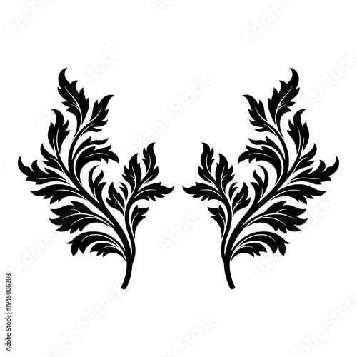 Elegant black and white acanthus leaf decorative design pair Vector, illustration