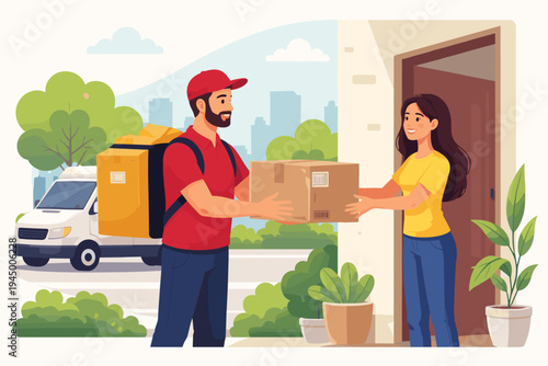 Friendly delivery man in red uniform handing cardboard package to smiling woman at home doorstep, delivery van and city skyline background, flat vector illustration for e-commerce and logistics.