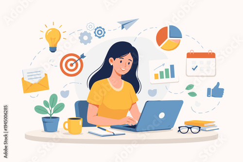 Flat Vector Illustration of a Young Woman Working on a Laptop at a Desk with Business Icons Like Light Bulb, Target, Charts, and Calendar, Representing Productivity, Marketing, and Remote Work