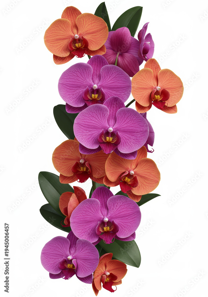 Obraz premium Studio shot of cascading orchid flowers, Phalaenopsis species, tropical bloom, vivid petal, lush green leaves, isolated white background.