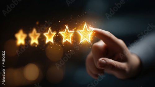 Hand pressing five glowing stars signifying an excellent quality customer feedback review