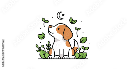 Cute Puppy Gazing at Moon Amongst Greenery in Minimalist Illustration.