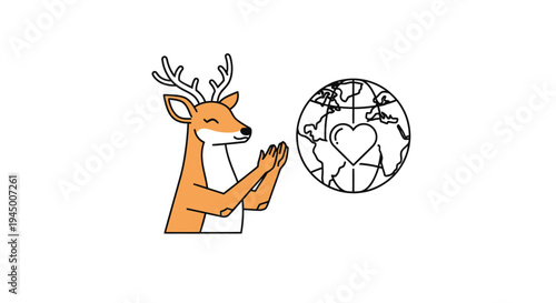 Deer Praying for the Earth with Heart Symbol Illustration.