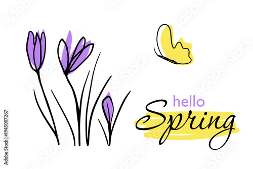 Hello Spring vector set with lettering, abstract crocus flowers, and butterfly. Modern hand-drawn doodle style elements. Perfect for greeting cards, invitations, or seasonal web banners.